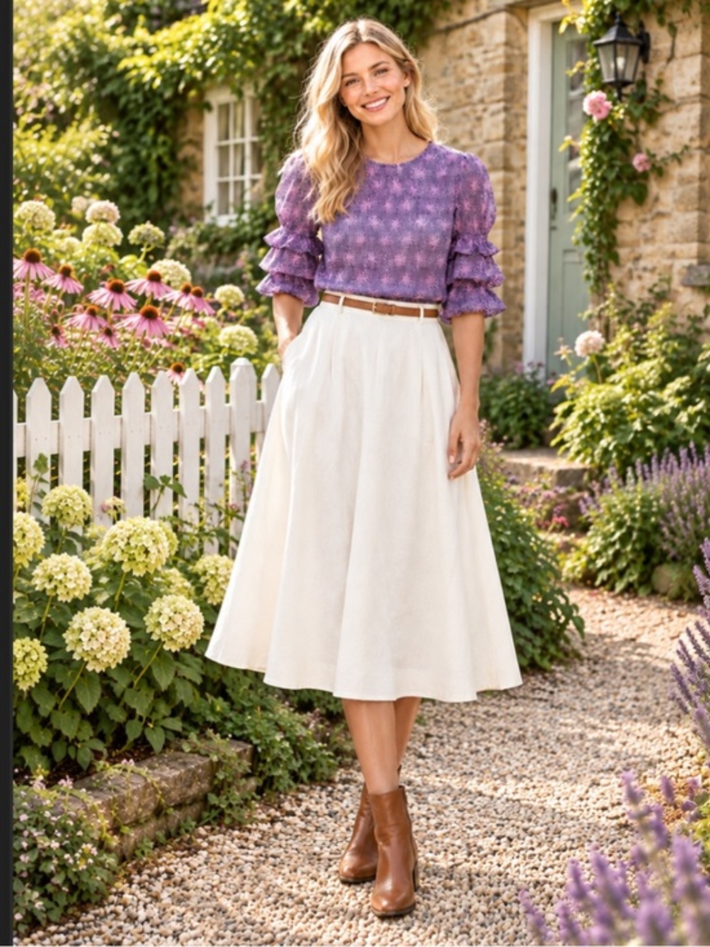 Banjanan Chloe top Petal Power Blueprint Purple blue Ruffle Sleeve Top cotton